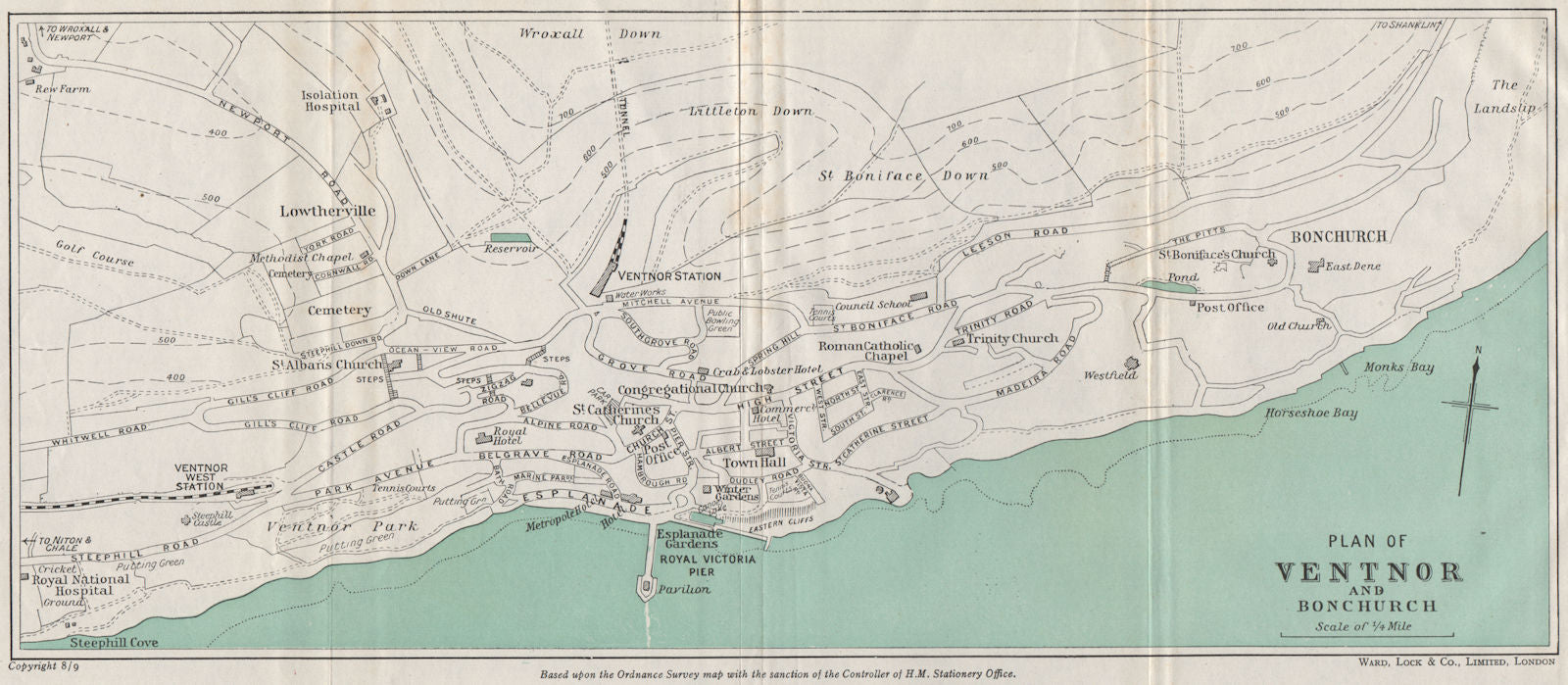 VENTNOR AND BONCHURCH vintage town/city plan. Isle of Wight. WARD LOCK 1948 map